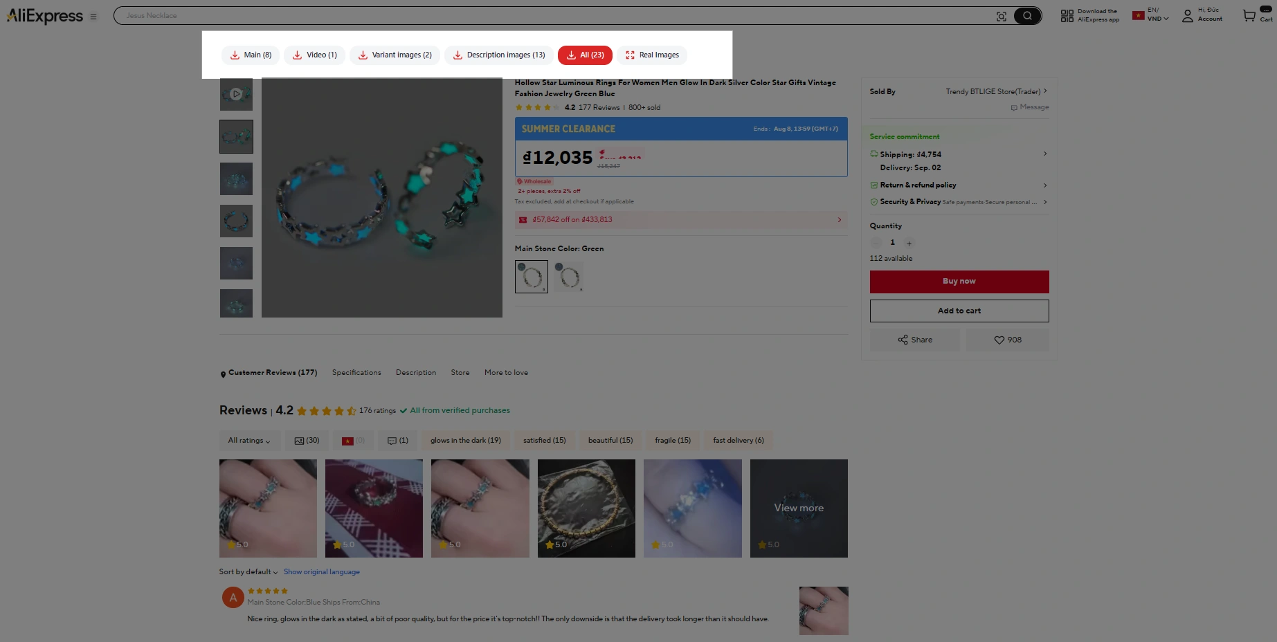 AliSnapMedia panel open on an AliExpress product page, listing the images and video found on it